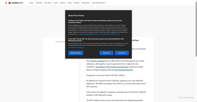 Security scan screenshot of https://cardswire.usatoday.com/story/sports/nfl/cardinals/2025/03/10/nfl-free-agency-patriots-adding-former-cardinals-dt-khyiris-tonga/82239528007/