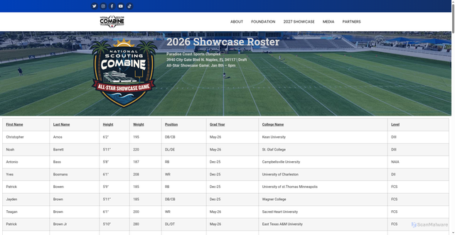 Security scan screenshot of https://nationalscoutingcombine.com/2026-roster/?srsltid=AfmBOoqTKmOx8P0aCFXHv1BqYIT_YiKrLs9TgXSF4zuZ9cdvG9yZW9tk