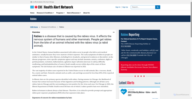 Security scan screenshot of https://www.chicagohan.org/diseases-and-conditions/rabies