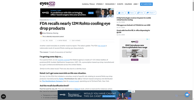 Security scan screenshot of https://glance.eyesoneyecare.com/stories/2026-07-30/fda-recalls-nearly-12m-rohto-cooling-eye-drop-products/