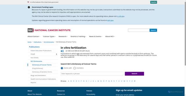 Security scan screenshot of https://www.cancer.gov/publications/dictionaries/cancer-terms/def/in-vitro-fertilization