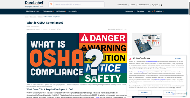 Security scan screenshot of https://resources.duralabel.com/articles/what-is-osha-compliance