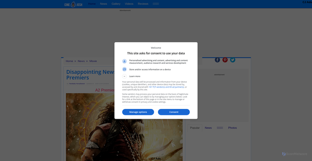 Security scan screenshot of https://www.cinejosh.com/news/1/124065/disappointing-news-regarding-akhanda-2-premiers.html