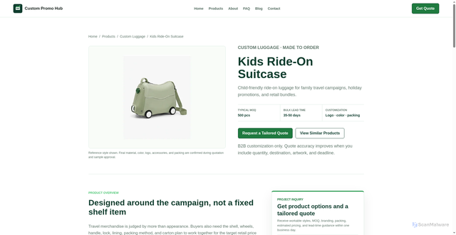 Security scan screenshot of https://custompromohub.pages.dev/products/kids-ride-on-suitcase/
