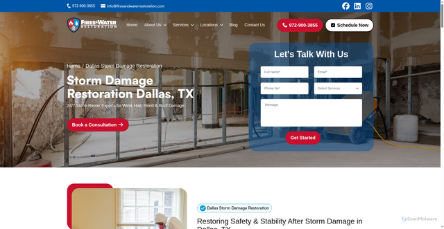 Security scan screenshot of https://firesandwaterrestoration.com/dallas/storm-damage-restoration/