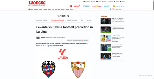 Security scan screenshot of https://news.laodong.vn/bong-da-quoc-te/nhan-dinh-bong-da-levante-vs-sevilla-tai-la-liga-1689914.ldo