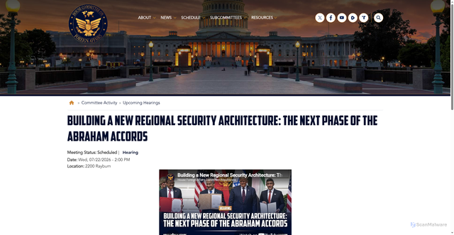 Security scan screenshot of https://foreignaffairs.house.gov/committee-activity/hearings/building-a-new-regional-security-architecture-the-next-phase-of-the-abraham-accords