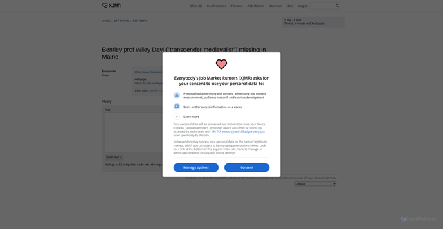 Security scan screenshot of https://www.econjobrumors.com/topic/bentley-prof-wiley-davi-transgender-medievalist-missing-in-maine