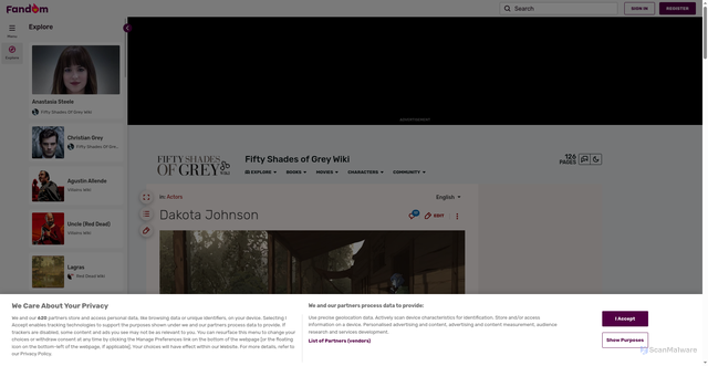 Security scan screenshot of https://fiftyshadesofgrey.fandom.com/wiki/Dakota_Johnson