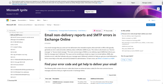 Security scan screenshot of https://learn.microsoft.com/en-us/troubleshoot/exchange/email-delivery/ndr/non-delivery-reports-in-exchange-online