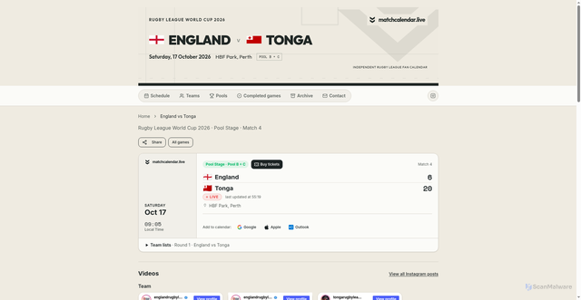 Security scan screenshot of https://matchcalendar.live/rlwc/match/england-vs-tonga