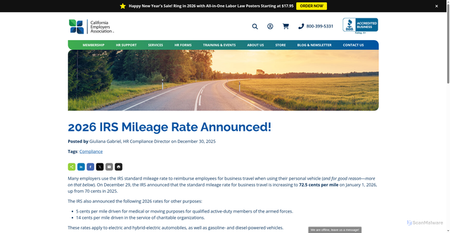 Security scan screenshot of https://employers.org/2025/12/30/blog-2026-irs-mileage-rate/