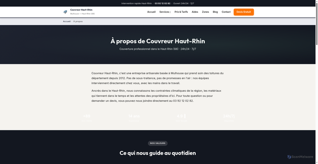 Security scan screenshot of https://couvreur-haut-rhin.fr/a-propos/