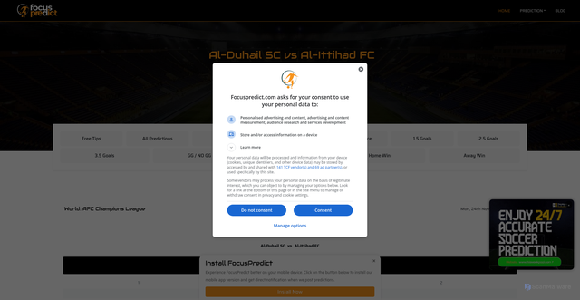 Security scan screenshot of https://focuspredict.com/53956-15/al-duhail-sc-vs-al-ittihad-fc