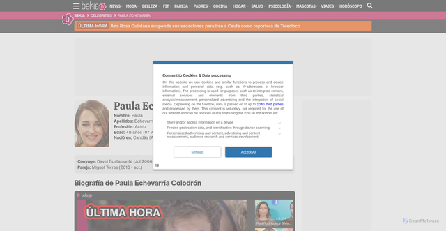 Security scan screenshot of https://www.bekia.es/celebrities/paula-echevarria/