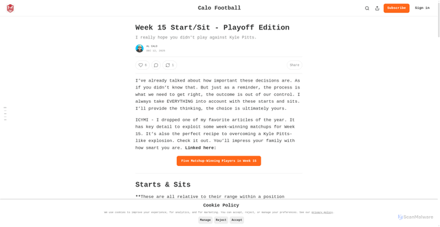 Security scan screenshot of https://calofootball.substack.com/p/week-15-startsit-playoff-edition