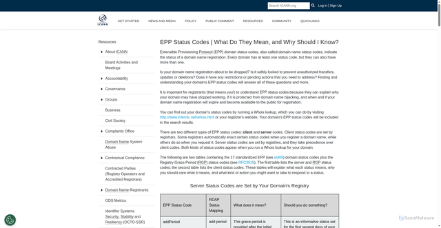 Security scan screenshot of https://icann.org/epp#clientDeleteProhibited