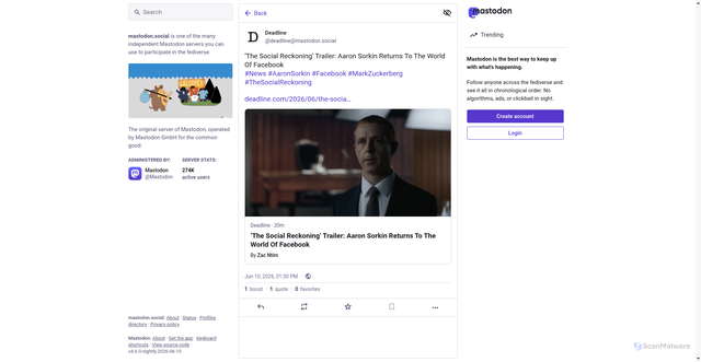 Security scan screenshot of https://mastodon.social/@deadline/116726052109593588