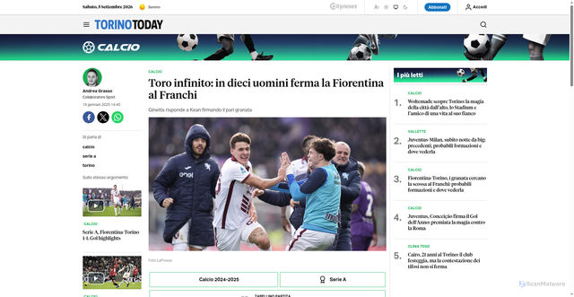 Security scan screenshot of https://www.torinotoday.it/sport/calcio/Calcio-Torino-Fiorentina-franchi.html