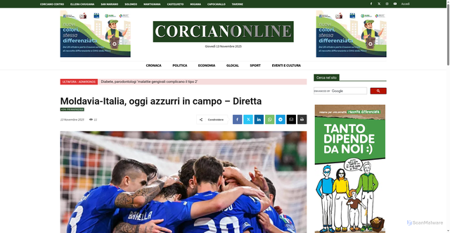 Security scan screenshot of https://www.corcianonline.it/2025/11/13/moldavia-italia-oggi-azzurri-in-campo-diretta/