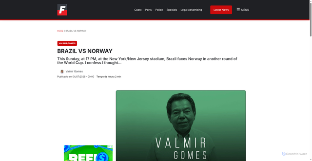 Security scan screenshot of https://folhadolitoral.com.br/en/colunistas/valmir-gomes/brasil-x-noruega/