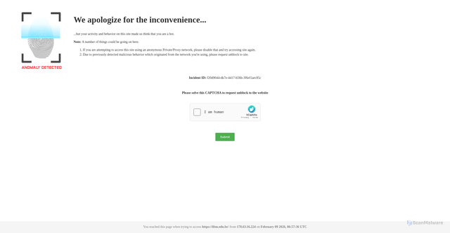 Security scan screenshot of https://validate.perfdrive.com/?ssa=68acfbe4-5d92-4a6b-bafc-5917f4df32b3&ssb=80556228770&ssc=https%3A%2F%2Fiftm.edu.br%2F&ssi=f20d9044-dk7e-4417-b56b-3f6ef1aec85c&ssk=botmanager_support@radware.com&ssm=38856890180103793102188388341640&ssn=341a5c9342b048f9987a67c8e8c8a73c13331e52a417-8f3c-4483-84b883&sso=aebd0921-bac325a2e68b57e7a4c2ce407a5d6d9e7ca92a824a861708&ssp=10752606001770656376177067875222478&ssq=83190971999932615876419999006987166635661&ssr=MTc4LjYzLjE2LjIyNA==&sst=Mozilla/5.0%20(Windows%20NT%2010.0;%20Win64;%20x64)%20AppleWebKit/537.36%20(KHTML,%20like%20Gecko)%20Chrome/124.0.0.0%20Safari/537.36&ssu=&ssv=&ssw=&ssx=eyJfX3V6bWYiOiI3ZjkwMDAxZTUyYTQxNy04ZjNjLTQ0ODMtODkyMS1iYWMzMjVhMmU2OGIxLTE3NzA2MTk5OTkyNTAwLTAwMDk2YjlhYTFmOTQ0YmIwM2IxMCIsInV6bXgiOiI3ZjkwMDAwZDk4Y2M2NS1lYTI1LTQ0ZmItOWMxNS00MWRkNWU3N2JmMWUxLTE3NzA2MTk5OTkyNTAwLTBlNmQ3N2ZjZmU4YzM5M2UxMCIsInJkIjoiaWZ0bS5lZHUuYnIifQ==