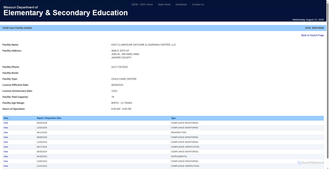 Security scan screenshot of https://healthapps.dhss.mo.gov/childcaresearch/Facility.aspx?LID=002578536