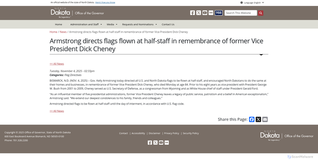 Security scan screenshot of https://www.governor.nd.gov/news/armstrong-directs-flags-flown-half-staff-remembrance-former-vice-president-dick-cheney