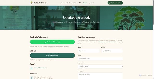 Security scan screenshot of https://acacia-vet-website.pages.dev/contact