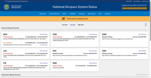 Security scan screenshot of https://nasstatus.faa.gov/