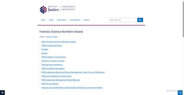 Security scan screenshot of https://www.justice-ni.gov.uk/topics/forensic-science-northern-ireland