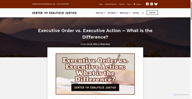 Security scan screenshot of https://centerforcoalfieldjustice.org/2025/01/executive-order-vs-executive-action-what-is-the-difference/