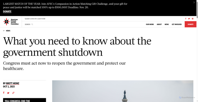 Security scan screenshot of https://afsc.org/news/what-you-need-know-about-government-shutdown