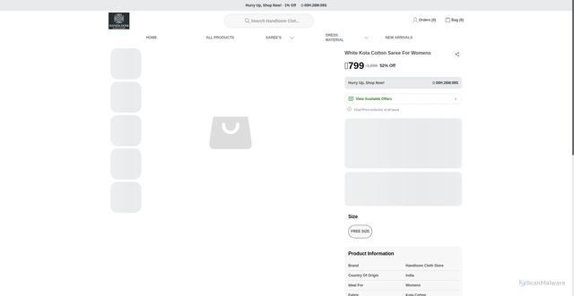 Security scan screenshot of https://handloomclothstore.com/White-Kota-Cotton-Saree-For-Womens/catalogue/o8UcyErs/OCSK_LMk