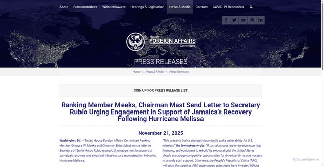 Security scan screenshot of https://democrats-foreignaffairs.house.gov/2025/11/ranking-member-meeks-chairman-mast-send-letter-to-secretary-rubio-urging-engagement-in-support-of-jamaica-s-recovery-following-hurricane-melissa