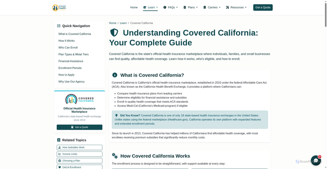 Security scan screenshot of https://www.coverhealthca.com/learn/covered-california