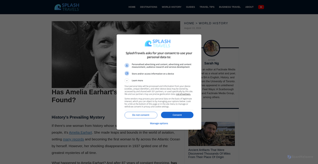 Security scan screenshot of https://www.splashtravels.com/world-history/disappearance-amelia-earhart