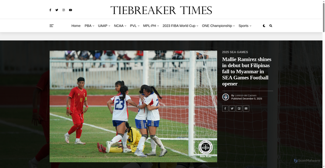 Security scan screenshot of https://tiebreakertimes.com.ph/tbt/ramirez-shines-in-debut-but-filipinas-fall-to-myanmar-in-sea-games-football-opener/359010