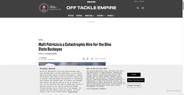 Security scan screenshot of https://www.offtackleempire.com/2025/2/13/24364687/matt-patricia-is-a-catastrophic-hire-for-the-ohio-state-buckeyes