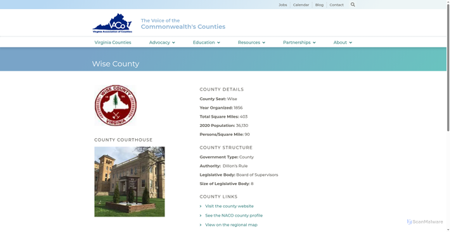 Security scan screenshot of https://www.vaco.org/virginia-counties/wise-county/