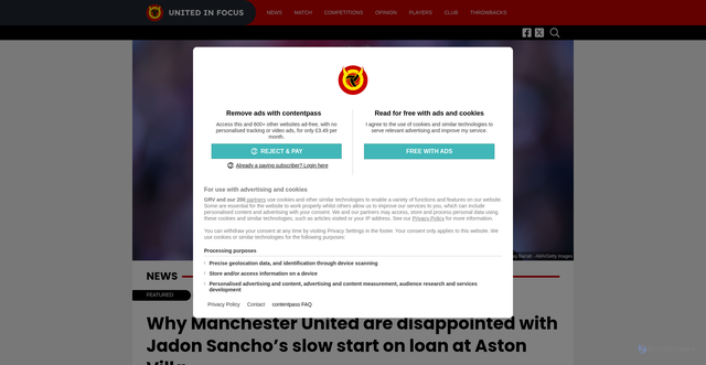 Security scan screenshot of https://www.unitedinfocus.com/news/why-manchester-united-are-disappointed-with-jadon-sanchos-slow-start-on-loan-at-aston-villa/