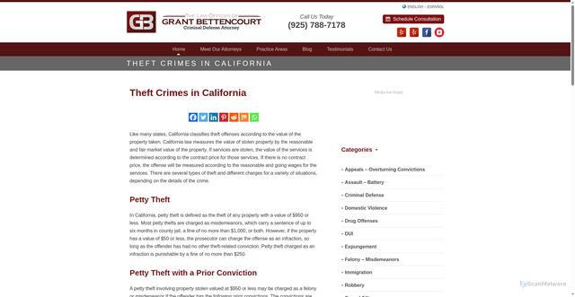 Security scan screenshot of https://www.thelawofficesofgrantbettencourt.com/theft-crimes-in-california/