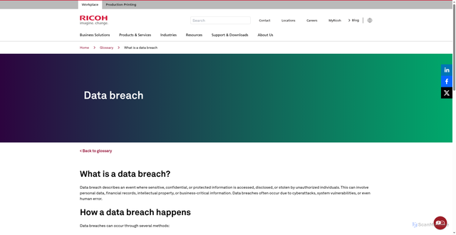 Security scan screenshot of https://www.ricoh-usa.com/en/glossary/data-breach