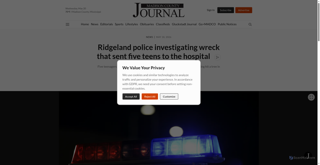 Security scan screenshot of https://www.onlinemadison.com/news/ridgeland-police-investigating-little-creek-road-wreck-that-sent-five-teens-to-hospital-85cfe15b