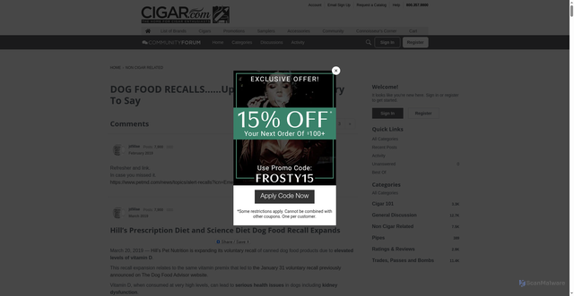 Security scan screenshot of https://forum.cigar.com/discussion/899143/dog-food-recalls-updated-frequently-sorry-to-say/p2