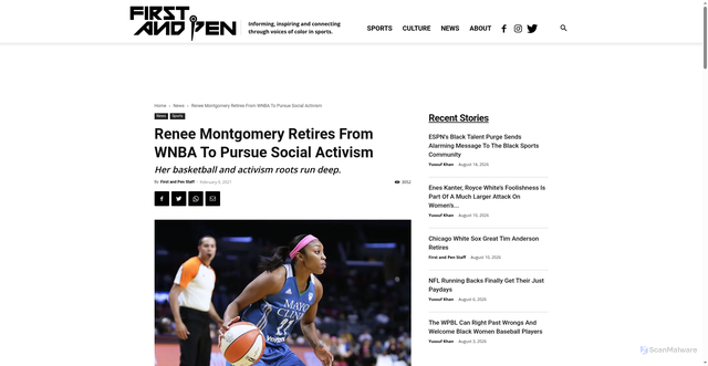 Security scan screenshot of https://firstandpen.com/renee-montgomery-retires-from-wnba-to-pursue-social-activism/