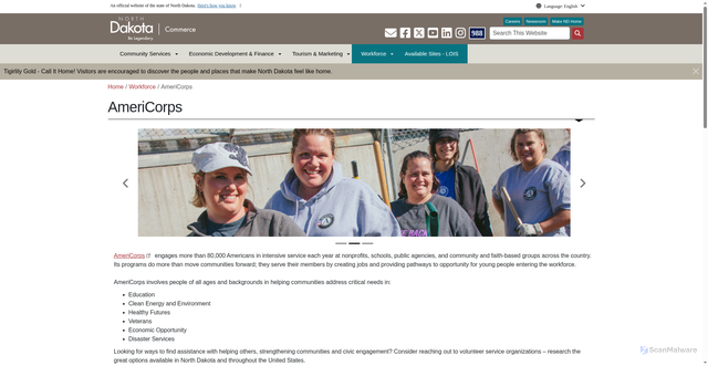 Security scan screenshot of https://www.commerce.nd.gov/workforce/americorps