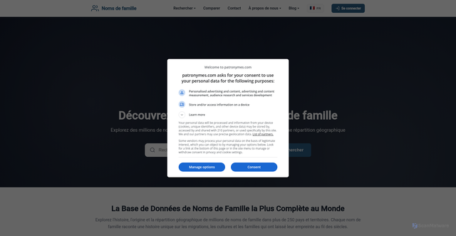 Security scan screenshot of https://nomsdefamille.top