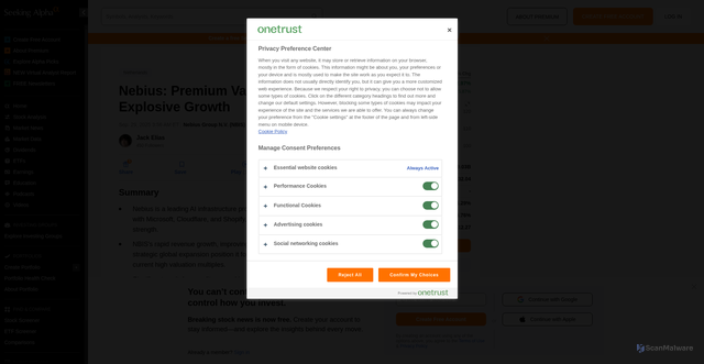 Security scan screenshot of https://seekingalpha.com/article/4826525-nebius-stock-premium-valuation-explosive-growth