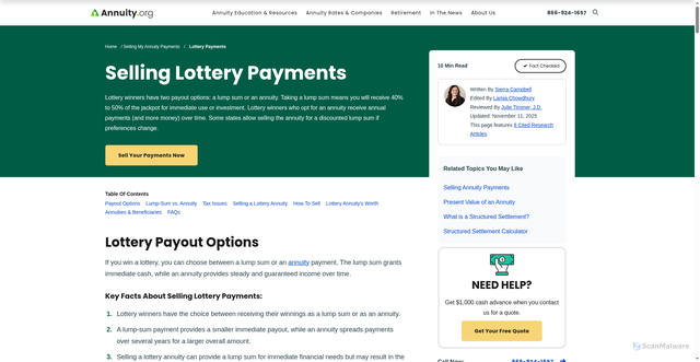 Security scan screenshot of https://www.annuity.org/selling-payments/lottery/